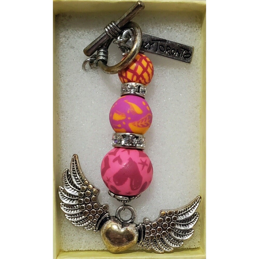 Suzy Toronto Pink Beaded Heart Wing Pendant Choker Necklace 12" toggle clasp